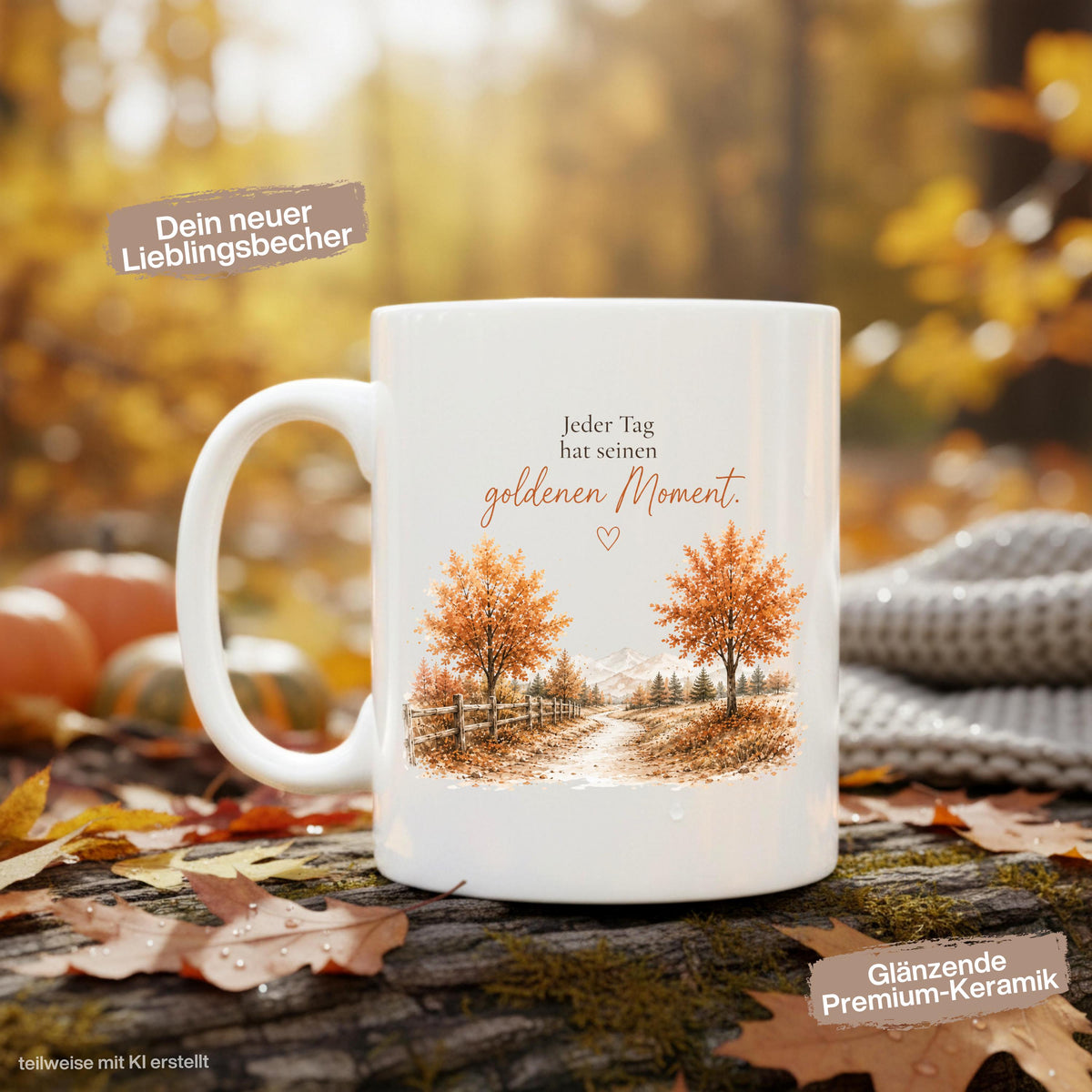 Herbst Tasse mit Spruch „Jeder Tag hat seinen goldenen Moment“ als Geschenk für beste Freundin und Geschenk für Kaffeeliebhaber. Weiße Keramiktasse 330 ml beidseitig bedruckt mit herbstlicher Landschaft, goldenen Bäumen und warmen Naturfarben. Herbsttasse für Herbstzeit und Cozy Season, Kaffeeliebhaber Geschenk, Herbst Geschenk, Selfcare Geschenk und Me Time Geschenk für Freundin, Mama oder Schwester. Keramiktasse mit Produktion und Versand aus Deutschland.  geschenk beste freundin, Herbsttasse