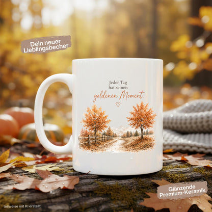 Herbst Tasse mit Spruch „Jeder Tag hat seinen goldenen Moment“ als Geschenk für beste Freundin und Geschenk für Kaffeeliebhaber. Weiße Keramiktasse 330 ml beidseitig bedruckt mit herbstlicher Landschaft, goldenen Bäumen und warmen Naturfarben. Herbsttasse für Herbstzeit und Cozy Season, Kaffeeliebhaber Geschenk, Herbst Geschenk, Selfcare Geschenk und Me Time Geschenk für Freundin, Mama oder Schwester. Keramiktasse mit Produktion und Versand aus Deutschland.  geschenk beste freundin, Herbsttasse