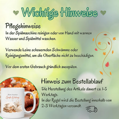 Herbst Tasse mit Spruch „Kleine Auszeiten. Große Wirkung“ als Me Time Geschenk, Selfcare Geschenk und Geschenk für beste Freundin. Weiße Keramiktasse, ideal als Geschenk für Kaffeeliebhaber und Kaffeeliebhaber Geschenk. Herbsttasse für Herbstzeit und Cozy Season mit gemütlichem Motiv aus  Herbstblättern. Keramiktasse als Herbst Geschenk für Freundin, Mama, Schwester, Leseratten und Kaffeefans. Gemütliche Tasse Herbst für entspannte Kaffeepausen, Lesestunden und kleine Auszeiten im Alltag.