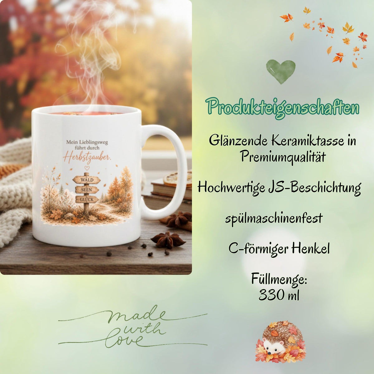 Herbst Tasse mit Spruch „Mein Lieblingsweg führt durch Herbstzauber“ als Geschenk für beste Freundin und Geschenk für Kaffeeliebhaber. Weiße Keramiktasse 330 ml beidseitig bedruckt mit herbstlichem Waldmotiv und Wegweiser Wald Seen Glück. Herbsttasse für Herbstzeit, Cozy Season, Naturfreunde und Waldliebhaber. Kaffeeliebhaber Geschenk, Herbst Geschenk, Me Time Geschenk und Selfcare Geschenk für Freundin, Mama oder Schwester. geschenk beste freundin, geschenk kaffeeliebhaber, herbsttasse