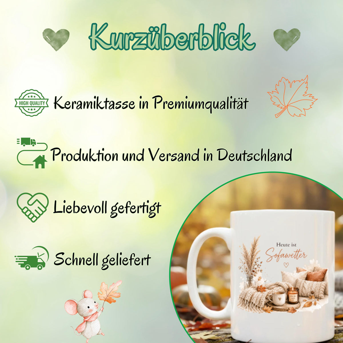 Herbst Tasse mit Spruch „Heute ist Sofawetter“ als Me Time Geschenk, Selfcare Geschenk und Geschenk für beste Freundin. Weiße Keramiktasse 330 ml beidseitig bedruckt, ideal als Geschenk für Kaffeeliebhaber und Kaffeeliebhaber Geschenk. Herbsttasse für Herbstzeit und Cozy Season mit gemütlichem Motiv aus Sofa, Kerze & Herbstblättern. Keramiktasse als Herbst Geschenk für Freundin, Mama, Schwester, Cozy-Season-Fans und Kaffeefans. Gemütliche Tasse Herbst für entspannte Kaffeepausen und Sofamomente.