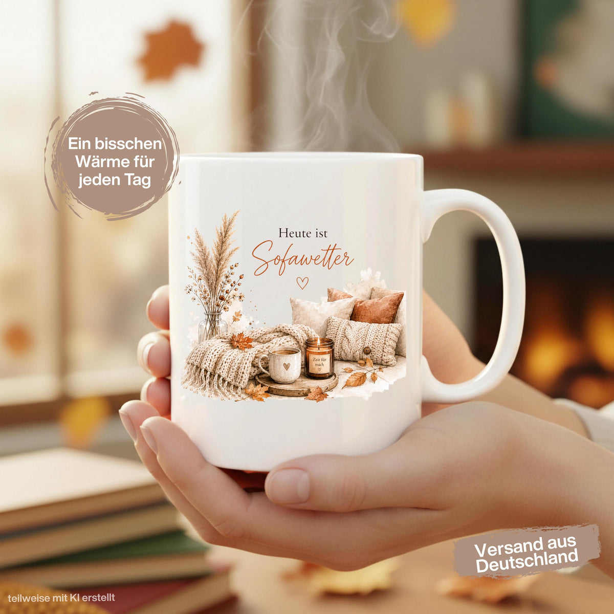 Herbst Tasse mit Spruch „Heute ist Sofawetter“ als Me Time Geschenk, Selfcare Geschenk und Geschenk für beste Freundin. Weiße Keramiktasse 330 ml beidseitig bedruckt, ideal als Geschenk für Kaffeeliebhaber und Kaffeeliebhaber Geschenk. Herbsttasse für Herbstzeit und Cozy Season mit gemütlichem Motiv aus Sofa, Kerze & Herbstblättern. Keramiktasse als Herbst Geschenk für Freundin, Mama, Schwester, Cozy-Season-Fans und Kaffeefans. Gemütliche Tasse Herbst für entspannte Kaffeepausen und Sofamomente.
