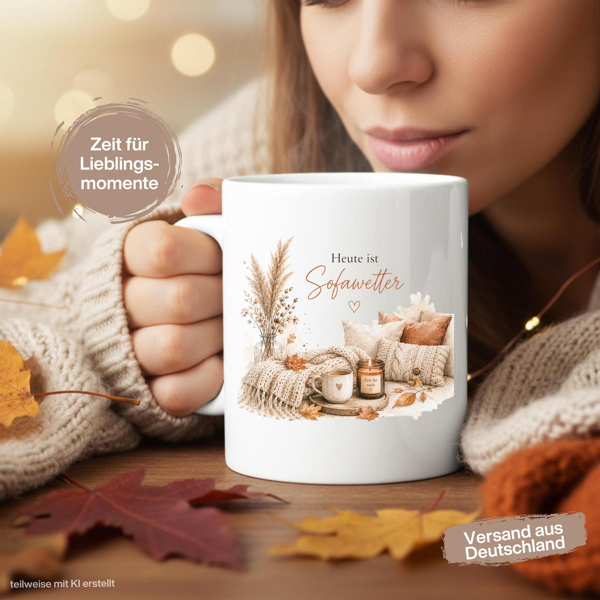 Herbst Tasse mit Spruch „Heute ist Sofawetter“ als Me Time Geschenk, Selfcare Geschenk und Geschenk für beste Freundin. Weiße Keramiktasse 330 ml beidseitig bedruckt, ideal als Geschenk für Kaffeeliebhaber und Kaffeeliebhaber Geschenk. Herbsttasse für Herbstzeit und Cozy Season mit gemütlichem Motiv aus Sofa, Kerze & Herbstblättern. Keramiktasse als Herbst Geschenk für Freundin, Mama, Schwester, Cozy-Season-Fans und Kaffeefans. Gemütliche Tasse Herbst für entspannte Kaffeepausen und Sofamomente.