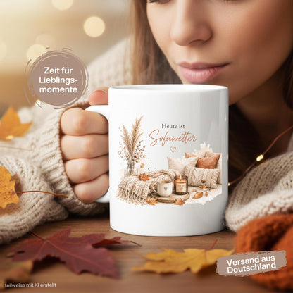 Herbst Tasse mit Spruch „Heute ist Sofawetter“ als Me Time Geschenk, Selfcare Geschenk und Geschenk für beste Freundin. Weiße Keramiktasse 330 ml beidseitig bedruckt, ideal als Geschenk für Kaffeeliebhaber und Kaffeeliebhaber Geschenk. Herbsttasse für Herbstzeit und Cozy Season mit gemütlichem Motiv aus Sofa, Kerze & Herbstblättern. Keramiktasse als Herbst Geschenk für Freundin, Mama, Schwester, Cozy-Season-Fans und Kaffeefans. Gemütliche Tasse Herbst für entspannte Kaffeepausen und Sofamomente.