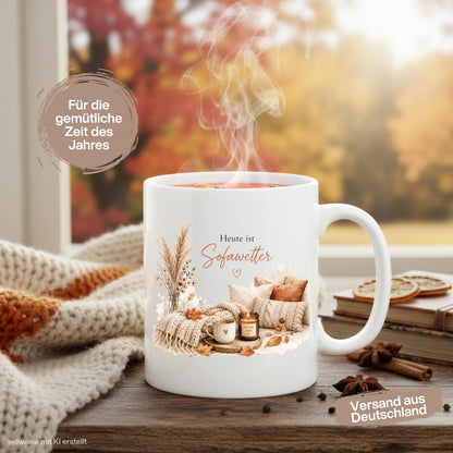 Herbst Tasse mit Spruch „Heute ist Sofawetter“ als Me Time Geschenk, Selfcare Geschenk und Geschenk für beste Freundin. Weiße Keramiktasse 330 ml beidseitig bedruckt, ideal als Geschenk für Kaffeeliebhaber und Kaffeeliebhaber Geschenk. Herbsttasse für Herbstzeit und Cozy Season mit gemütlichem Motiv aus Sofa, Kerze & Herbstblättern. Keramiktasse als Herbst Geschenk für Freundin, Mama, Schwester, Cozy-Season-Fans und Kaffeefans. Gemütliche Tasse Herbst für entspannte Kaffeepausen und Sofamomente.