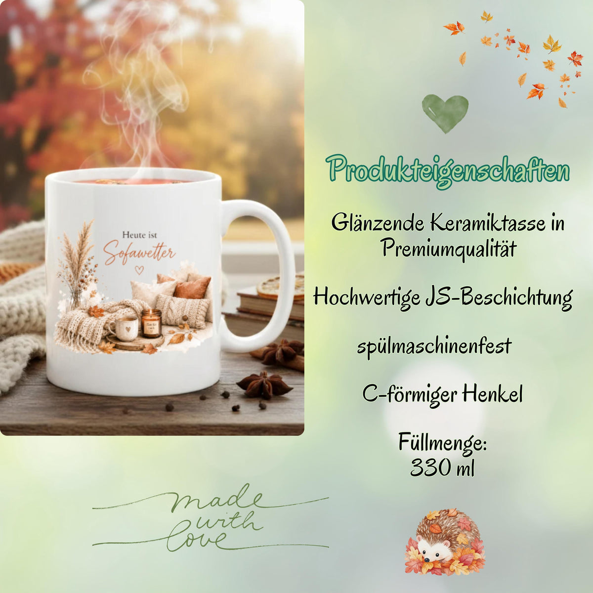 Herbst Tasse mit Spruch „Heute ist Sofawetter“ als Me Time Geschenk, Selfcare Geschenk und Geschenk für beste Freundin. Weiße Keramiktasse 330 ml beidseitig bedruckt, ideal als Geschenk für Kaffeeliebhaber und Kaffeeliebhaber Geschenk. Herbsttasse für Herbstzeit und Cozy Season mit gemütlichem Motiv aus Sofa, Kerze & Herbstblättern. Keramiktasse als Herbst Geschenk für Freundin, Mama, Schwester, Cozy-Season-Fans und Kaffeefans. Gemütliche Tasse Herbst für entspannte Kaffeepausen und Sofamomente.