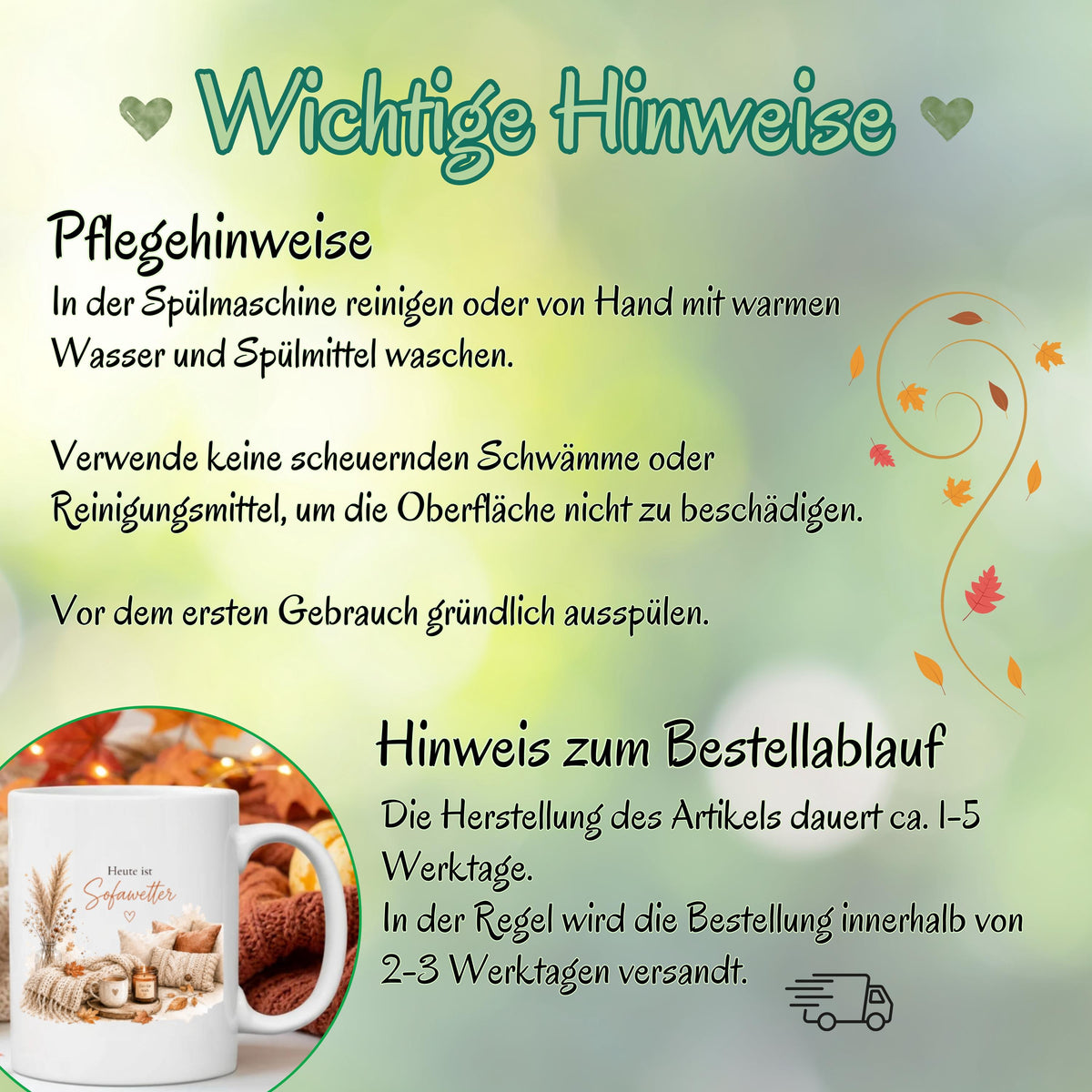 Herbst Tasse mit Spruch „Heute ist Sofawetter“ als Me Time Geschenk, Selfcare Geschenk und Geschenk für beste Freundin. Weiße Keramiktasse 330 ml beidseitig bedruckt, ideal als Geschenk für Kaffeeliebhaber und Kaffeeliebhaber Geschenk. Herbsttasse für Herbstzeit und Cozy Season mit gemütlichem Motiv aus Sofa, Kerze & Herbstblättern. Keramiktasse als Herbst Geschenk für Freundin, Mama, Schwester, Cozy-Season-Fans und Kaffeefans. Gemütliche Tasse Herbst für entspannte Kaffeepausen und Sofamomente.