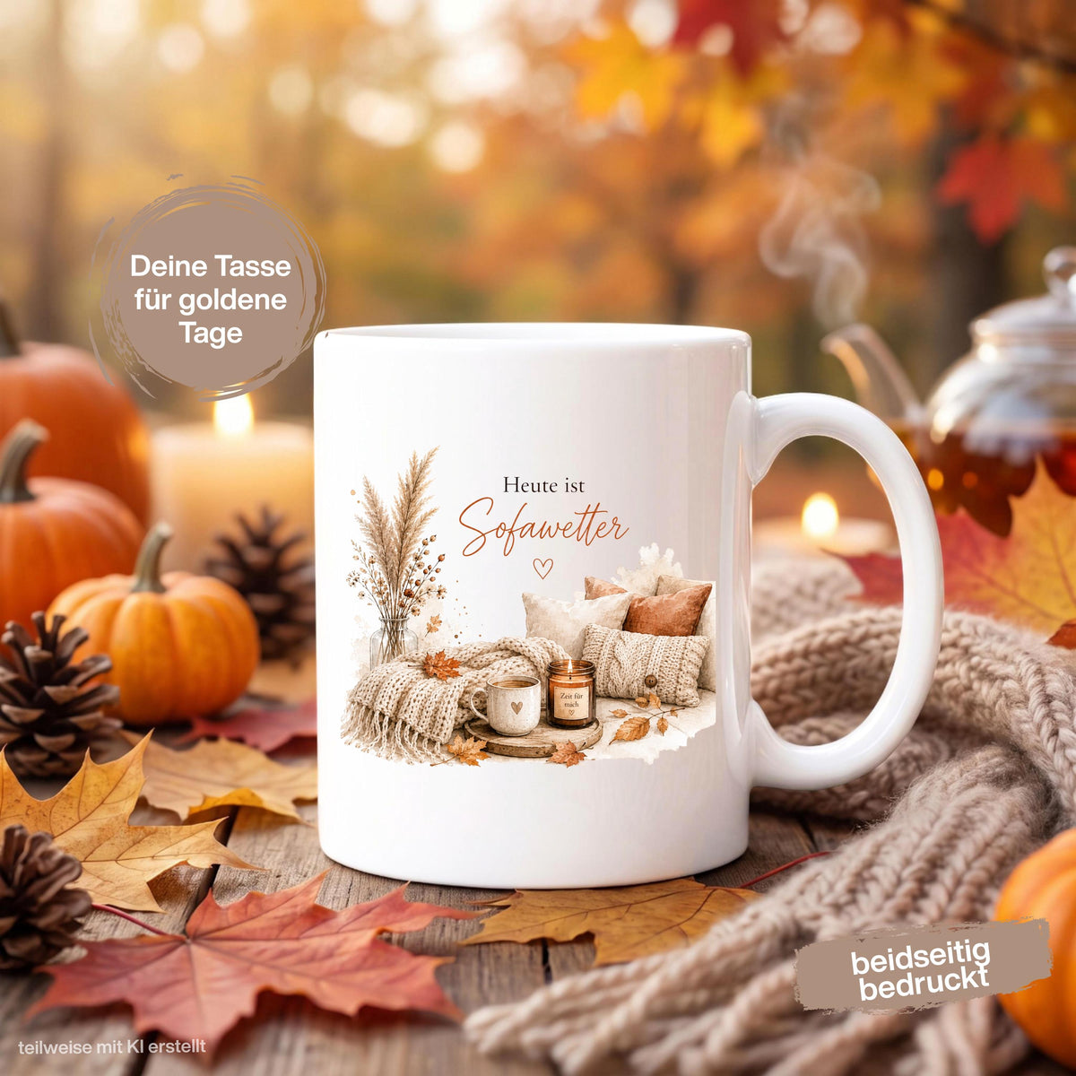 Herbst Tasse mit Spruch „Heute ist Sofawetter“ als Me Time Geschenk, Selfcare Geschenk und Geschenk für beste Freundin. Weiße Keramiktasse 330 ml beidseitig bedruckt, ideal als Geschenk für Kaffeeliebhaber und Kaffeeliebhaber Geschenk. Herbsttasse für Herbstzeit und Cozy Season mit gemütlichem Motiv aus Sofa, Kerze & Herbstblättern. Keramiktasse als Herbst Geschenk für Freundin, Mama, Schwester, Cozy-Season-Fans und Kaffeefans. Gemütliche Tasse Herbst für entspannte Kaffeepausen und Sofamomente.