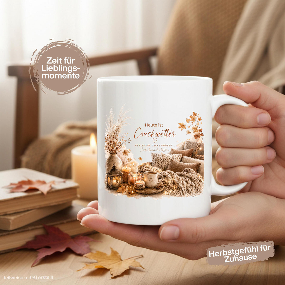 Herbst Tasse mit Spruch „Heute ist Couchwetter“ als Me Time Geschenk, Selfcare Geschenk und Geschenk für beste Freundin. Weiße Keramiktasse 330 ml beidseitig bedruckt mit gemütlichem Herbstmotiv aus Couch, Strickdecken, Kissen, Kaffeetasse, Kerzen und Herbstblättern. Herbsttasse für Herbstzeit und Cozy Season, ideal als Geschenk für Kaffeeliebhaber, Freundin, Mama oder Schwester und für gemütliche Kaffee- und Teemomente zu Hause. Tasse Couchwetter Cozy Season, Geschenk Herbstfans Herbstzeit