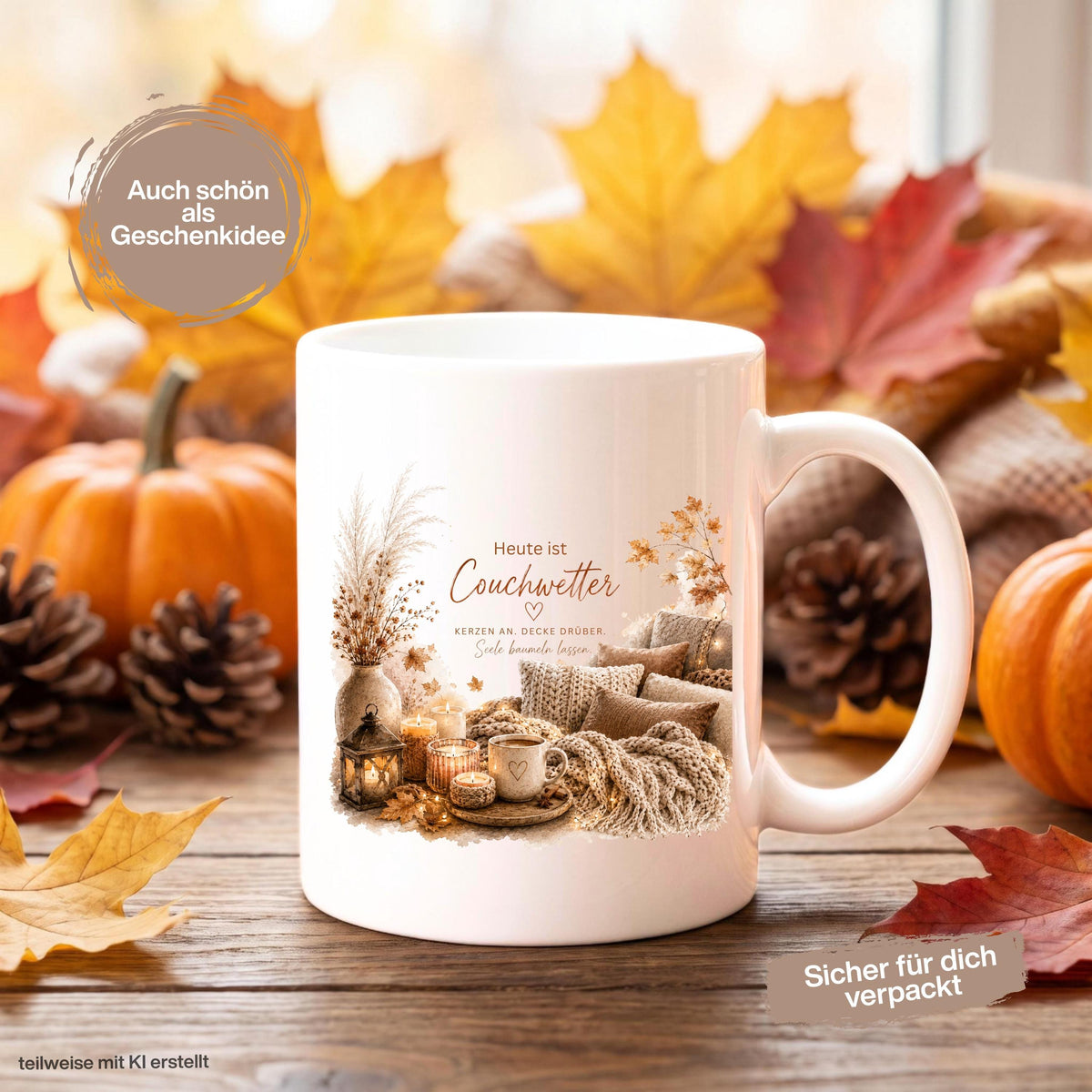 Herbst Tasse mit Spruch „Heute ist Couchwetter“ als Me Time Geschenk, Selfcare Geschenk und Geschenk für beste Freundin. Weiße Keramiktasse 330 ml beidseitig bedruckt mit gemütlichem Herbstmotiv aus Couch, Strickdecken, Kissen, Kaffeetasse, Kerzen und Herbstblättern. Herbsttasse für Herbstzeit und Cozy Season, ideal als Geschenk für Kaffeeliebhaber, Freundin, Mama oder Schwester und für gemütliche Kaffee- und Teemomente zu Hause. Tasse Couchwetter Cozy Season, Geschenk Herbstfans Herbstzeit