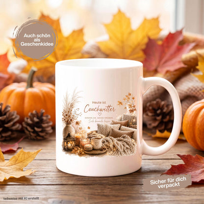 Herbst Tasse mit Spruch „Heute ist Couchwetter“ als Me Time Geschenk, Selfcare Geschenk und Geschenk für beste Freundin. Weiße Keramiktasse 330 ml beidseitig bedruckt mit gemütlichem Herbstmotiv aus Couch, Strickdecken, Kissen, Kaffeetasse, Kerzen und Herbstblättern. Herbsttasse für Herbstzeit und Cozy Season, ideal als Geschenk für Kaffeeliebhaber, Freundin, Mama oder Schwester und für gemütliche Kaffee- und Teemomente zu Hause. Tasse Couchwetter Cozy Season, Geschenk Herbstfans Herbstzeit