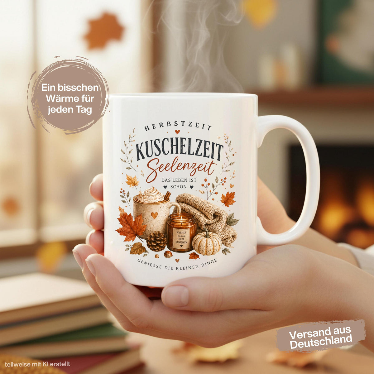 Herbst Tasse mit Spruch „Herbstzeit – Kuschelzeit – Seelenzeit“ als Me Time Geschenk, Herbst Geschenk und Geschenk für beste Freundin. Weiße Keramiktasse 330 ml beidseitig bedruckt mit gemütlichem Herbstmotiv aus warmer Tasse, Strickdecke, Kerze, Kürbis, Tannenzapfen und Herbstblättern. Herbsttasse für Herbstzeit und Cozy Season, ideal als Geschenk für Kaffeeliebhaber, Freundin, Mama oder Schwester und für gemütliche Kaffee-, Tee- und Kakaomomente zu Hause. geschenk beste freundin
keramiktassen