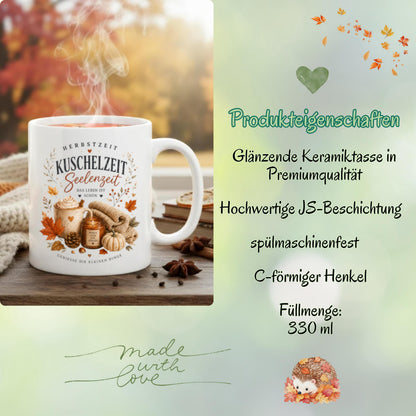 Herbst Tasse mit Spruch „Herbstzeit – Kuschelzeit – Seelenzeit“ als Me Time Geschenk, Herbst Geschenk und Geschenk für beste Freundin. Weiße Keramiktasse 330 ml beidseitig bedruckt mit gemütlichem Herbstmotiv aus warmer Tasse, Strickdecke, Kerze, Kürbis, Tannenzapfen und Herbstblättern. Herbsttasse für Herbstzeit und Cozy Season, ideal als Geschenk für Kaffeeliebhaber, Freundin, Mama oder Schwester und für gemütliche Kaffee-, Tee- und Kakaomomente zu Hause. geschenk beste freundin
keramiktassen