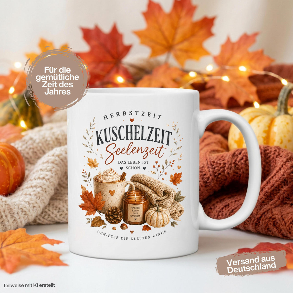 Herbst Tasse mit Spruch „Herbstzeit – Kuschelzeit – Seelenzeit“ als Me Time Geschenk, Herbst Geschenk und Geschenk für beste Freundin. Weiße Keramiktasse 330 ml beidseitig bedruckt mit gemütlichem Herbstmotiv aus warmer Tasse, Strickdecke, Kerze, Kürbis, Tannenzapfen und Herbstblättern. Herbsttasse für Herbstzeit und Cozy Season, ideal als Geschenk für Kaffeeliebhaber, Freundin, Mama oder Schwester und für gemütliche Kaffee-, Tee- und Kakaomomente zu Hause. geschenk beste freundin
keramiktassen