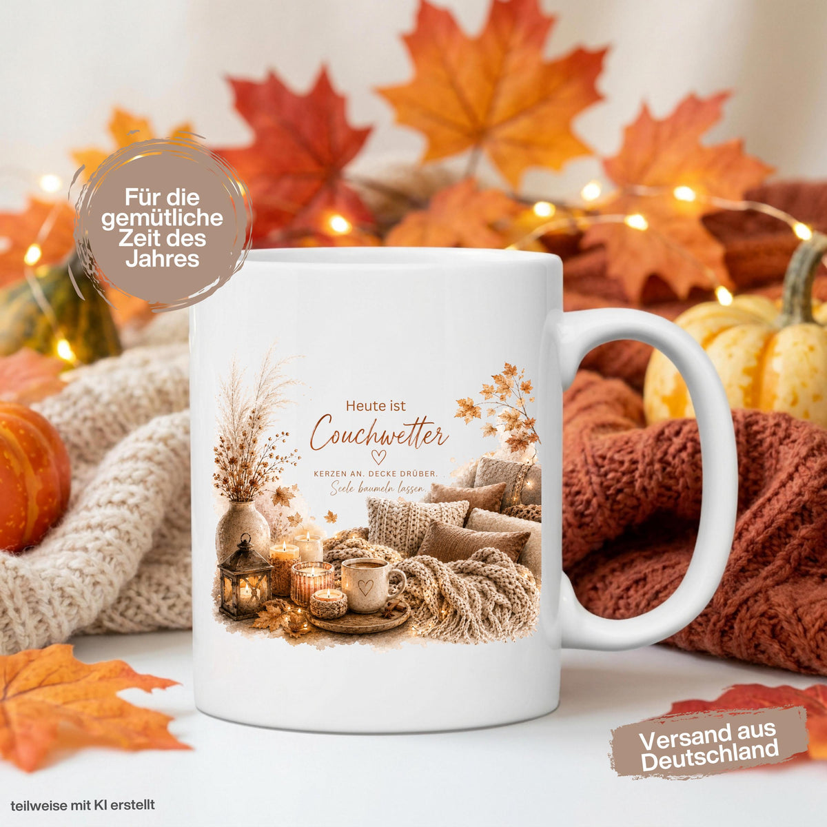 Herbst Tasse mit Spruch „Heute ist Couchwetter“ als Me Time Geschenk, Selfcare Geschenk und Geschenk für beste Freundin. Weiße Keramiktasse 330 ml beidseitig bedruckt mit gemütlichem Herbstmotiv aus Couch, Strickdecken, Kissen, Kaffeetasse, Kerzen und Herbstblättern. Herbsttasse für Herbstzeit und Cozy Season, ideal als Geschenk für Kaffeeliebhaber, Freundin, Mama oder Schwester und für gemütliche Kaffee- und Teemomente zu Hause. Tasse Couchwetter Cozy Season, Geschenk Herbstfans Herbstzeit