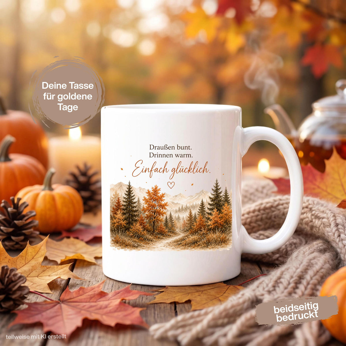 Herbst Tasse mit Spruch als Geschenk für beste Freundin und Geschenk für Kaffeeliebhaber. Weiße Keramiktasse 330 ml mit „Draußen bunt. Drinnen warm. Einfach glücklich.“ Herbsttasse mit Wald und Bergen für Herbstzeit und Cozy Season. Kaffeeliebhaber Geschenk, Herbst Geschenk für Freundin, Mama oder Schwester sowie Me Time Geschenk und Selfcare Geschenk. Keramiktasse und Tasse Herbst für Kaffee, Tee und gemütliche Herbstmomente, Produktion und Versand aus Deutschland.