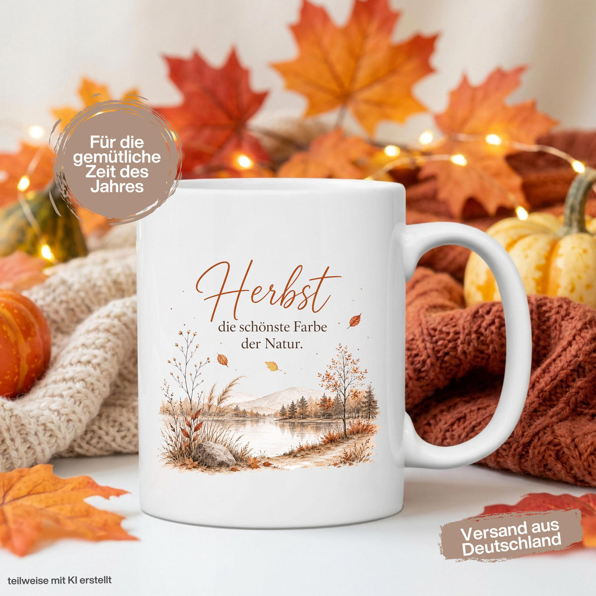 Herbst Tasse mit Spruch als Geschenk für beste Freundin und Geschenk für Kaffeeliebhaber. Weiße Keramiktasse 330 ml mit herbstlicher Landschaft, See, Bäumen, Bergen und dem Spruch „Herbst – die schönste Farbe der Natur“. Herbsttasse und Kaffeeliebhaber Geschenk für Herbstzeit, Cozy Season und gemütliche Kaffeepausen. Keramiktasse als Herbst Geschenk, Me Time Geschenk und Tasse mit Herbstmotiv für Naturfans, Kaffee- und Teeliebhaber, produziert und versendet aus Deutschland.