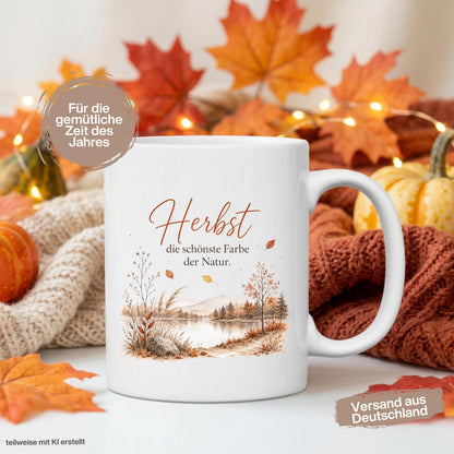 Herbst Tasse mit Spruch als Geschenk für beste Freundin und Geschenk für Kaffeeliebhaber. Weiße Keramiktasse 330 ml mit herbstlicher Landschaft, See, Bäumen, Bergen und dem Spruch „Herbst – die schönste Farbe der Natur“. Herbsttasse und Kaffeeliebhaber Geschenk für Herbstzeit, Cozy Season und gemütliche Kaffeepausen. Keramiktasse als Herbst Geschenk, Me Time Geschenk und Tasse mit Herbstmotiv für Naturfans, Kaffee- und Teeliebhaber, produziert und versendet aus Deutschland.