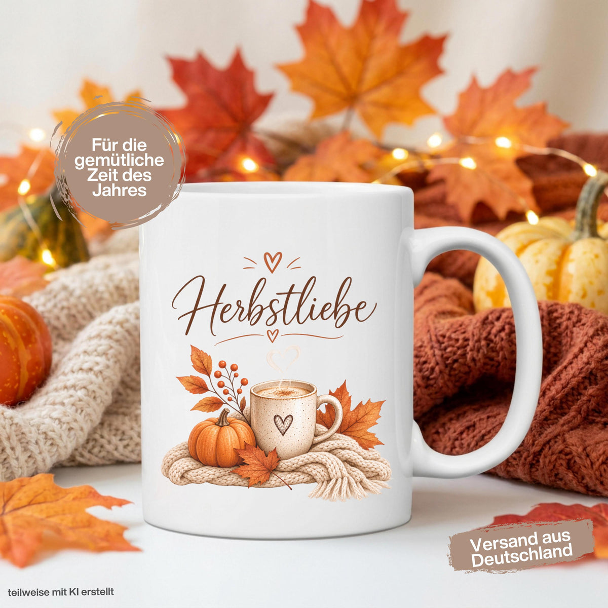Herbst Tasse Herbstliebe als Geschenk für beste Freundin und Geschenk für Kaffeeliebhaber. Weiße Keramiktasse 330 ml mit Kürbis, Kaffee, Herbstblättern und kuscheliger Strickdecke. Kürbis Tasse und Herbsttasse als Kaffeeliebhaber Geschenk, Herbst Geschenk und gemütliche Tasse für Cozy Season. Kaffeetasse Herbst als Keramiktasse mit Herbstmotiv für Herbstzeit, Me Time, Selfcare, Kaffee- und Kürbisfans, produziert und versendet aus Deutschland. geschenk beste freundin, geschenk kaffeeliebhaber
