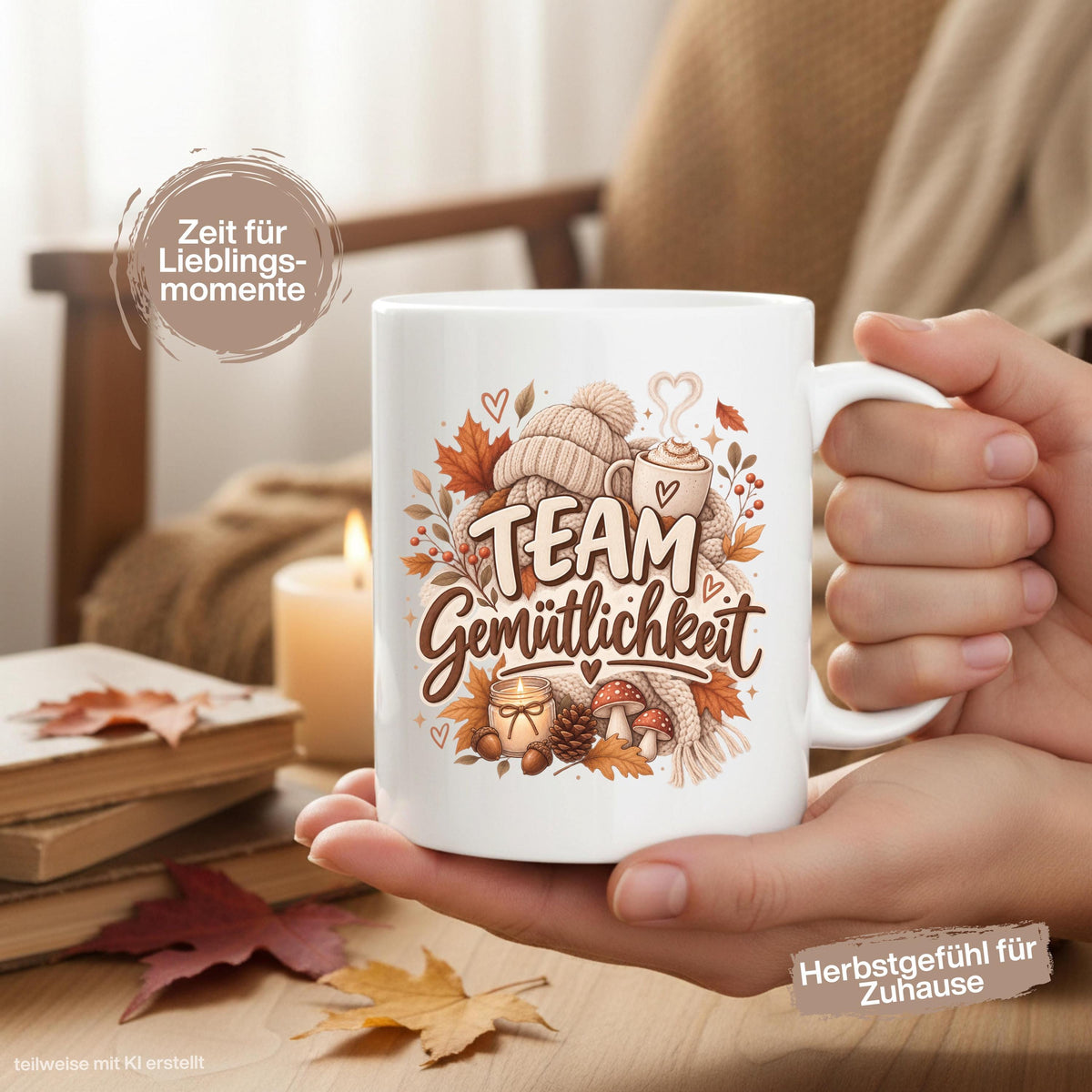 Herbst Tasse mit Spruch „Team Gemütlichkeit“ als gemütliches Herbst Geschenk, Me Time Geschenk und Geschenk für beste Freundin. Weiße Keramiktasse 330 ml beidseitig bedruckt mit herbstlichem Cozy-Season-Motiv aus warmer Tasse, Strickmütze, Kuscheldecke, Kerze, Pilzen, Tannenzapfen, Eicheln und Herbstblättern. Herbsttasse für Herbstzeit und gemütliche Kaffee-, Tee- oder Kakaomomente, ideal als Geschenk für Kaffeeliebhaber, Freundin, Mama, Schwester und echte Herbstfans.