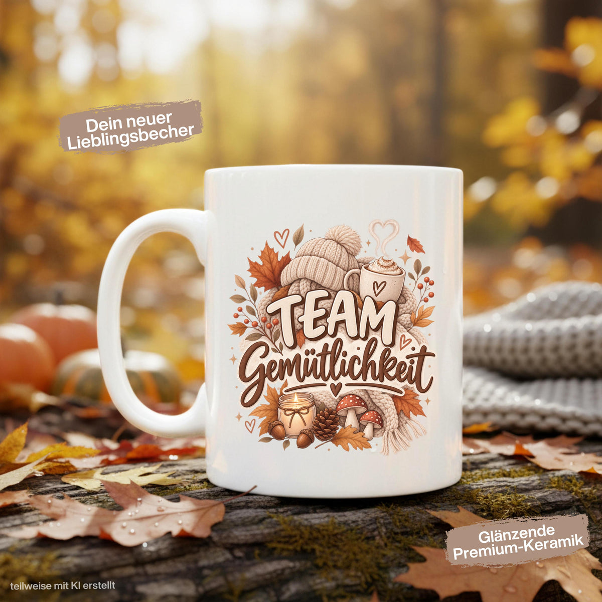 Herbst Tasse mit Spruch „Team Gemütlichkeit“ als gemütliches Herbst Geschenk, Me Time Geschenk und Geschenk für beste Freundin. Weiße Keramiktasse 330 ml beidseitig bedruckt mit herbstlichem Cozy-Season-Motiv aus warmer Tasse, Strickmütze, Kuscheldecke, Kerze, Pilzen, Tannenzapfen, Eicheln und Herbstblättern. Herbsttasse für Herbstzeit und gemütliche Kaffee-, Tee- oder Kakaomomente, ideal als Geschenk für Kaffeeliebhaber, Freundin, Mama, Schwester und echte Herbstfans.