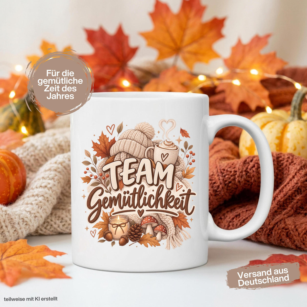 Herbst Tasse mit Spruch „Team Gemütlichkeit“ als gemütliches Herbst Geschenk, Me Time Geschenk und Geschenk für beste Freundin. Weiße Keramiktasse 330 ml beidseitig bedruckt mit herbstlichem Cozy-Season-Motiv aus warmer Tasse, Strickmütze, Kuscheldecke, Kerze, Pilzen, Tannenzapfen, Eicheln und Herbstblättern. Herbsttasse für Herbstzeit und gemütliche Kaffee-, Tee- oder Kakaomomente, ideal als Geschenk für Kaffeeliebhaber, Freundin, Mama, Schwester und echte Herbstfans.