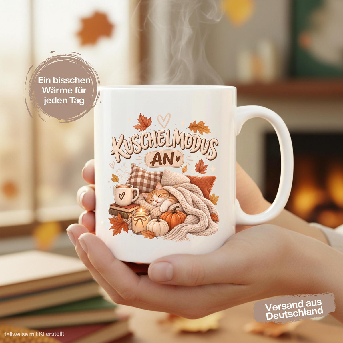 Herbst Tasse mit Spruch „Kuschelmodus an“ als Geschenk für Katzenliebhaber, Geschenk für beste Freundin und gemütliches Me Time Geschenk. Weiße Keramiktasse 330 ml beidseitig bedruckt mit schlafender Katze unter einer Strickdecke, Kissen, Kaffee, Büchern, Kerze, Kürbissen und bunten Herbstblättern. Herbsttasse für Herbstzeit und Cozy Season, ideal als Geschenk für Kaffeeliebhaber, Katzenfans, Freundin, Mama oder Schwester und für gemütliche Kaffee-, Tee- und Kakaomomente.