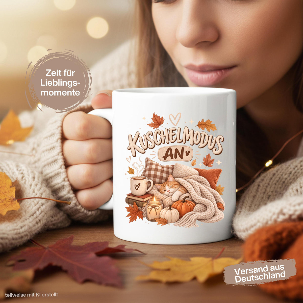 Herbst Tasse mit Spruch „Kuschelmodus an“ als Geschenk für Katzenliebhaber, Geschenk für beste Freundin und gemütliches Me Time Geschenk. Weiße Keramiktasse 330 ml beidseitig bedruckt mit schlafender Katze unter einer Strickdecke, Kissen, Kaffee, Büchern, Kerze, Kürbissen und bunten Herbstblättern. Herbsttasse für Herbstzeit und Cozy Season, ideal als Geschenk für Kaffeeliebhaber, Katzenfans, Freundin, Mama oder Schwester und für gemütliche Kaffee-, Tee- und Kakaomomente.