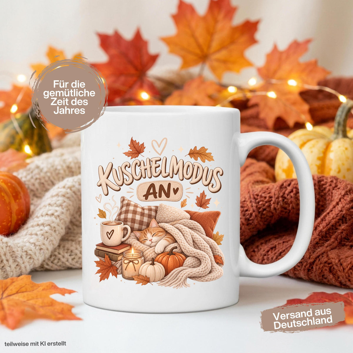 Herbst Tasse mit Spruch „Kuschelmodus an“ als Geschenk für Katzenliebhaber, Geschenk für beste Freundin und gemütliches Me Time Geschenk. Weiße Keramiktasse 330 ml beidseitig bedruckt mit schlafender Katze unter einer Strickdecke, Kissen, Kaffee, Büchern, Kerze, Kürbissen und bunten Herbstblättern. Herbsttasse für Herbstzeit und Cozy Season, ideal als Geschenk für Kaffeeliebhaber, Katzenfans, Freundin, Mama oder Schwester und für gemütliche Kaffee-, Tee- und Kakaomomente.