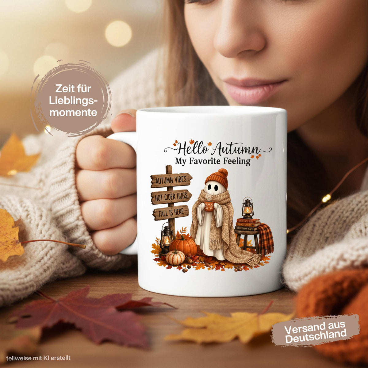 Herbst Tasse „Hello Autumn – My Favorite Feeling“ mit niedlichem Gespenst als gemütliche Keramiktasse für Herbstzeit und Cozy Season. Weiße Keramiktasse 330 ml beidseitig bedruckt mit Herbstmotiv aus Gespenst mit Strickmütze und Schal, warmer Tasse, Kürbissen, Herbstblättern, Laternen, Büchern und rustikalem Wegweiser. Herbsttasse als Herbst Geschenk für Herbstfans, beste Freundin, Mama, Schwester und Kaffeeliebhaber mit gemütlichen Autumn Vibes.  geschenk herbstfan
geschenk freundin tasse