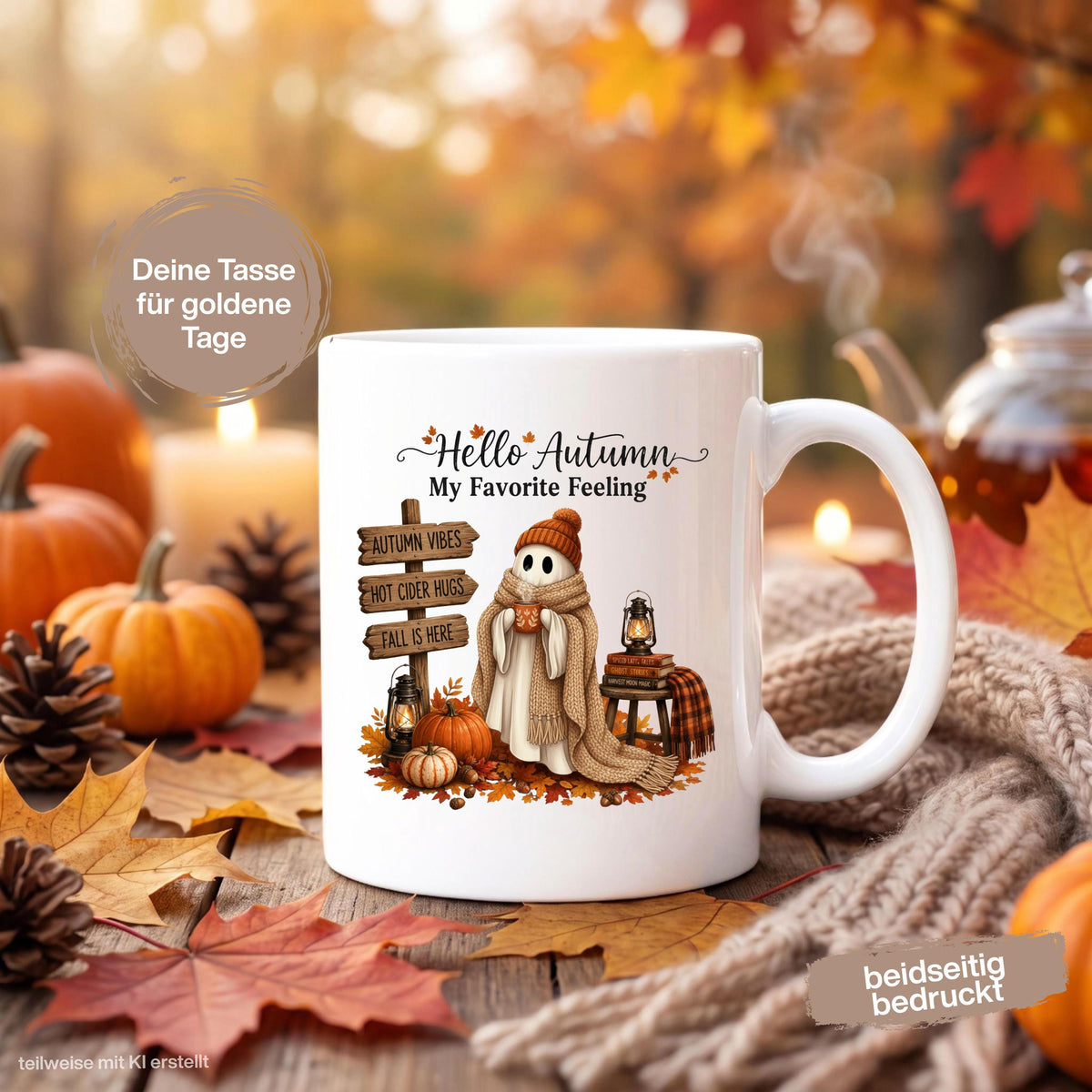 Herbst Tasse „Hello Autumn – My Favorite Feeling“ mit niedlichem Gespenst als gemütliche Keramiktasse für Herbstzeit und Cozy Season. Weiße Keramiktasse 330 ml beidseitig bedruckt mit Herbstmotiv aus Gespenst mit Strickmütze und Schal, warmer Tasse, Kürbissen, Herbstblättern, Laternen, Büchern und rustikalem Wegweiser. Herbsttasse als Herbst Geschenk für Herbstfans, beste Freundin, Mama, Schwester und Kaffeeliebhaber mit gemütlichen Autumn Vibes.  geschenk herbstfan
geschenk freundin tasse