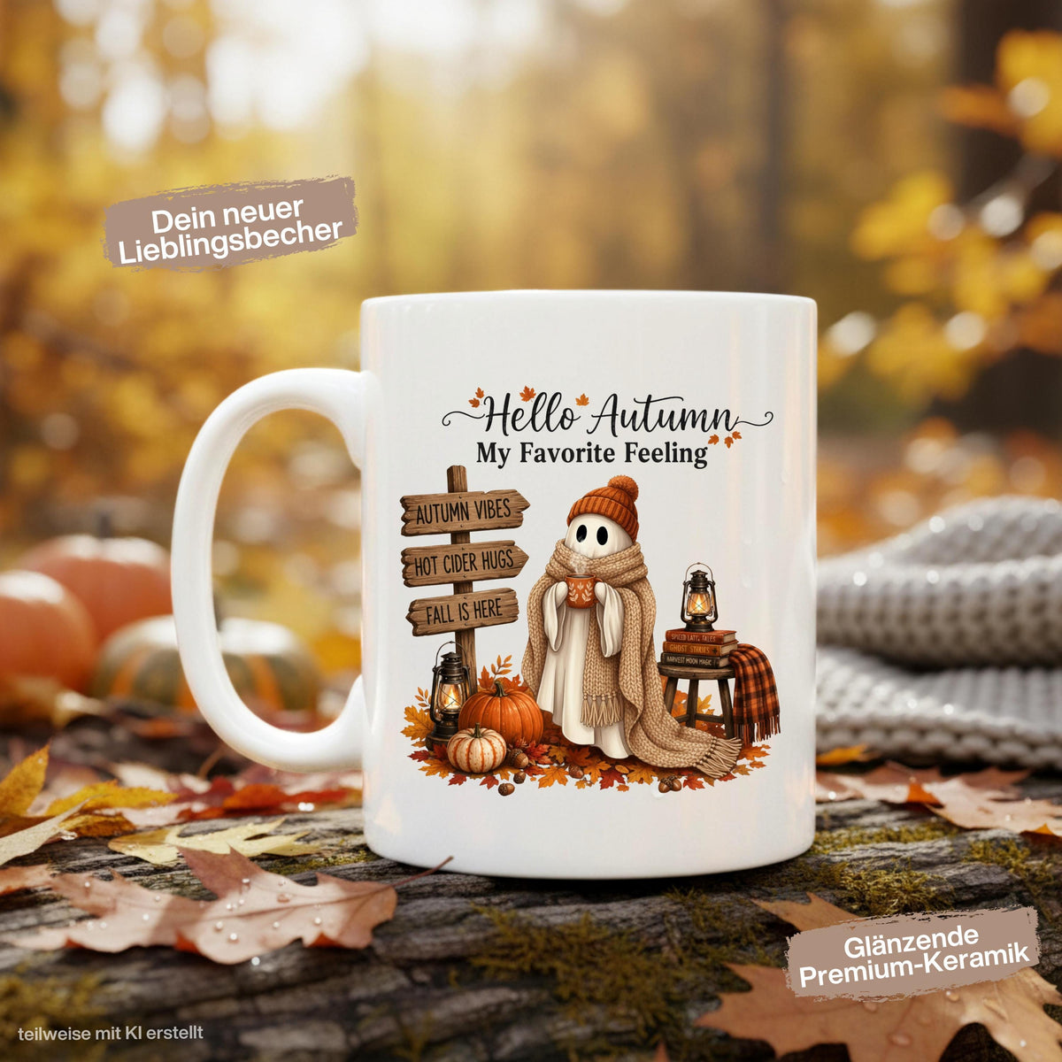 Herbst Tasse „Hello Autumn – My Favorite Feeling“ mit niedlichem Gespenst als gemütliche Keramiktasse für Herbstzeit und Cozy Season. Weiße Keramiktasse 330 ml beidseitig bedruckt mit Herbstmotiv aus Gespenst mit Strickmütze und Schal, warmer Tasse, Kürbissen, Herbstblättern, Laternen, Büchern und rustikalem Wegweiser. Herbsttasse als Herbst Geschenk für Herbstfans, beste Freundin, Mama, Schwester und Kaffeeliebhaber mit gemütlichen Autumn Vibes.  geschenk herbstfan
geschenk freundin tasse