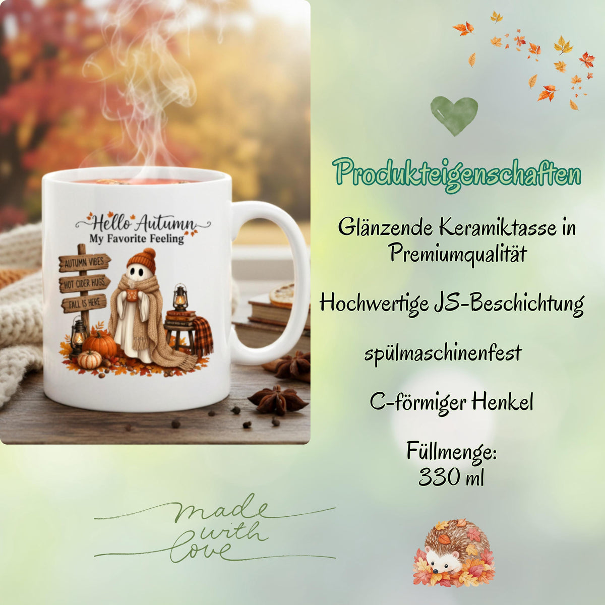 Herbst Tasse „Hello Autumn – My Favorite Feeling“ mit niedlichem Gespenst als gemütliche Keramiktasse für Herbstzeit und Cozy Season. Weiße Keramiktasse 330 ml beidseitig bedruckt mit Herbstmotiv aus Gespenst mit Strickmütze und Schal, warmer Tasse, Kürbissen, Herbstblättern, Laternen, Büchern und rustikalem Wegweiser. Herbsttasse als Herbst Geschenk für Herbstfans, beste Freundin, Mama, Schwester und Kaffeeliebhaber mit gemütlichen Autumn Vibes.  geschenk herbstfan
geschenk freundin tasse