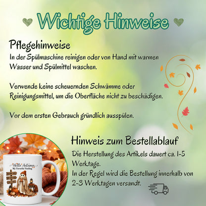 Herbst Tasse „Hello Autumn – My Favorite Feeling“ mit niedlichem Gespenst als gemütliche Keramiktasse für Herbstzeit und Cozy Season. Weiße Keramiktasse 330 ml beidseitig bedruckt mit Herbstmotiv aus Gespenst mit Strickmütze und Schal, warmer Tasse, Kürbissen, Herbstblättern, Laternen, Büchern und rustikalem Wegweiser. Herbsttasse als Herbst Geschenk für Herbstfans, beste Freundin, Mama, Schwester und Kaffeeliebhaber mit gemütlichen Autumn Vibes.  geschenk herbstfan
geschenk freundin tasse