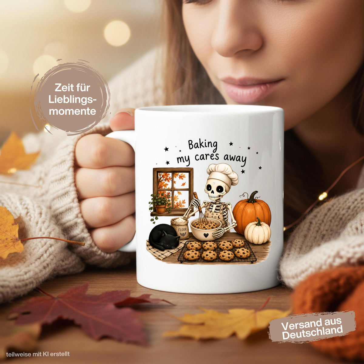 Herbst Tasse „Baking my cares away“ als Geschenk für Bäckerin, Backliebhaber und Katzenfans. Weiße Keramiktasse 330 ml beidseitig bedruckt mit humorvollem Herbstmotiv aus Skelett mit Kochmütze beim Backen, schwarzer Katze, Chocolate-Chip-Cookies, Kürbissen und buntem Herbstlaub. Gemütliche Herbsttasse und Halloween Tasse für Hobbybäcker, beste Freundin, Mama oder Schwester, ideal für Kaffee, Cozy Season und herbstliche Backtage. tasse herbst
herbsttasse halloween tasse geschenk bäckerin