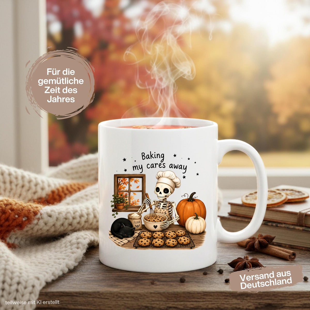 Herbst Tasse „Baking my cares away“ als Geschenk für Bäckerin, Backliebhaber und Katzenfans. Weiße Keramiktasse 330 ml beidseitig bedruckt mit humorvollem Herbstmotiv aus Skelett mit Kochmütze beim Backen, schwarzer Katze, Chocolate-Chip-Cookies, Kürbissen und buntem Herbstlaub. Gemütliche Herbsttasse und Halloween Tasse für Hobbybäcker, beste Freundin, Mama oder Schwester, ideal für Kaffee, Cozy Season und herbstliche Backtage. tasse herbst
herbsttasse halloween tasse geschenk bäckerin