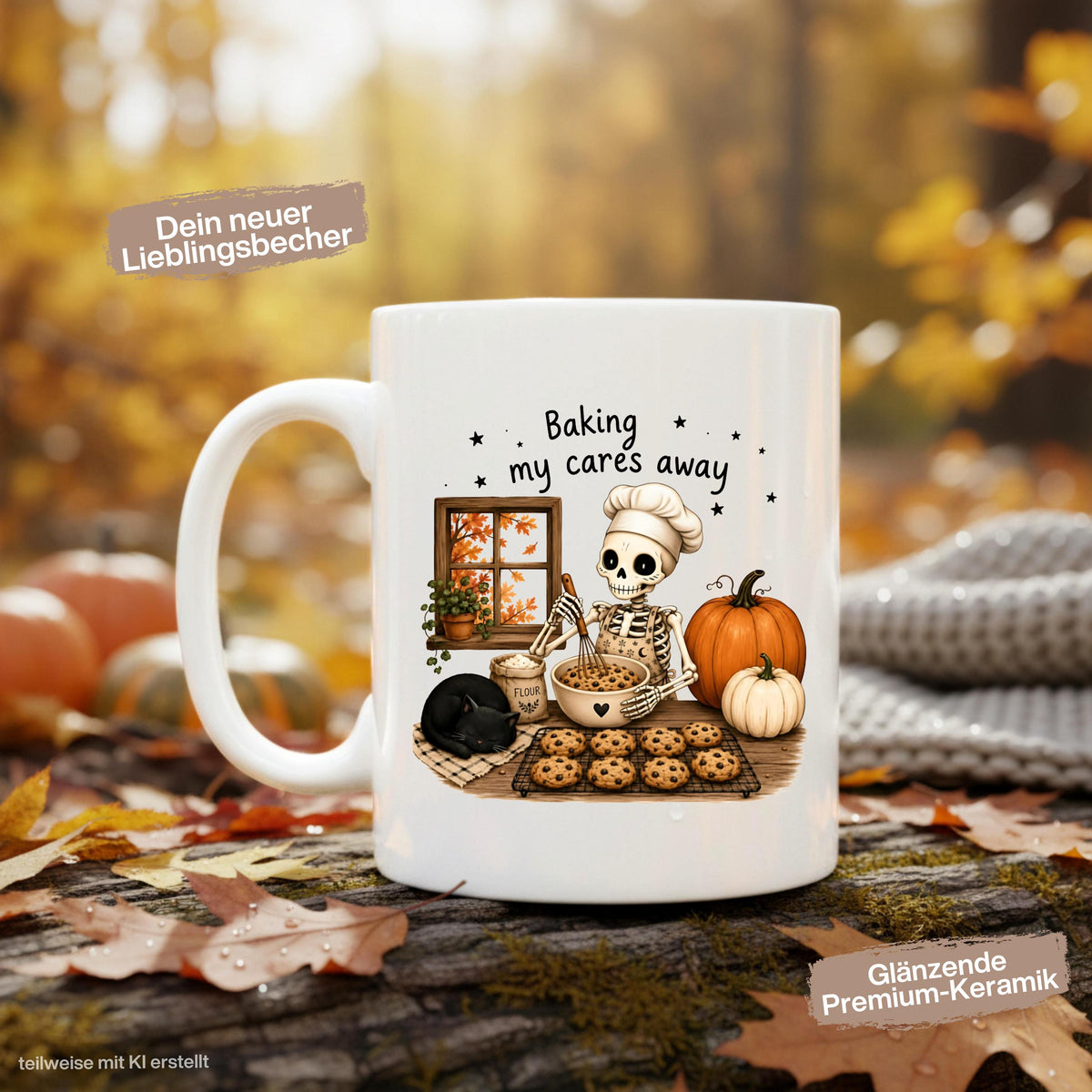 Herbst Tasse „Baking my cares away“ als Geschenk für Bäckerin, Backliebhaber und Katzenfans. Weiße Keramiktasse 330 ml beidseitig bedruckt mit humorvollem Herbstmotiv aus Skelett mit Kochmütze beim Backen, schwarzer Katze, Chocolate-Chip-Cookies, Kürbissen und buntem Herbstlaub. Gemütliche Herbsttasse und Halloween Tasse für Hobbybäcker, beste Freundin, Mama oder Schwester, ideal für Kaffee, Cozy Season und herbstliche Backtage. tasse herbst
herbsttasse halloween tasse geschenk bäckerin