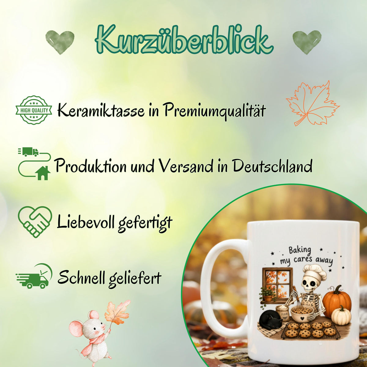 Herbst Tasse „Baking my cares away“ als Geschenk für Bäckerin, Backliebhaber und Katzenfans. Weiße Keramiktasse 330 ml beidseitig bedruckt mit humorvollem Herbstmotiv aus Skelett mit Kochmütze beim Backen, schwarzer Katze, Chocolate-Chip-Cookies, Kürbissen und buntem Herbstlaub. Gemütliche Herbsttasse und Halloween Tasse für Hobbybäcker, beste Freundin, Mama oder Schwester, ideal für Kaffee, Cozy Season und herbstliche Backtage. tasse herbst
herbsttasse halloween tasse geschenk bäckerin