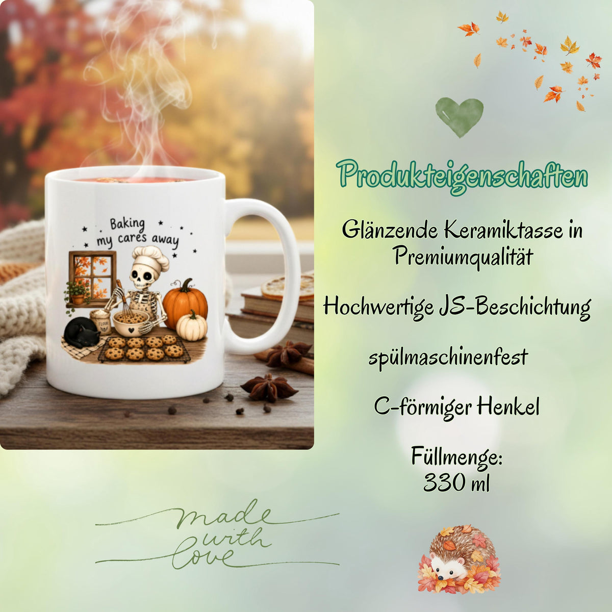 Herbst Tasse „Baking my cares away“ als Geschenk für Bäckerin, Backliebhaber und Katzenfans. Weiße Keramiktasse 330 ml beidseitig bedruckt mit humorvollem Herbstmotiv aus Skelett mit Kochmütze beim Backen, schwarzer Katze, Chocolate-Chip-Cookies, Kürbissen und buntem Herbstlaub. Gemütliche Herbsttasse und Halloween Tasse für Hobbybäcker, beste Freundin, Mama oder Schwester, ideal für Kaffee, Cozy Season und herbstliche Backtage. tasse herbst
herbsttasse halloween tasse geschenk bäckerin