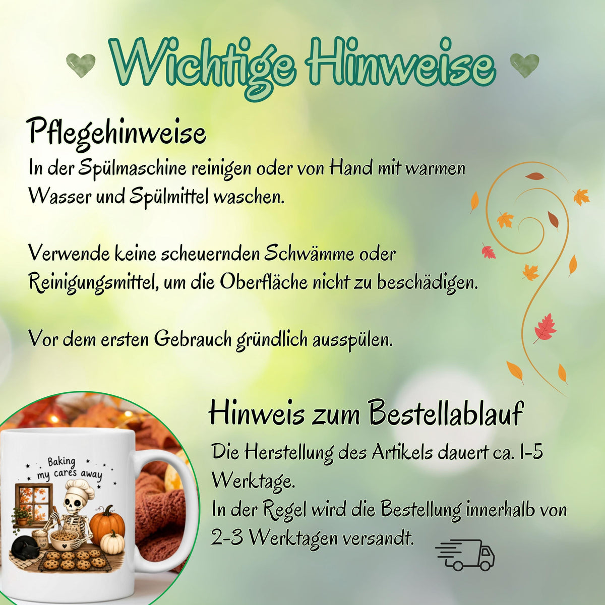 Herbst Tasse „Baking my cares away“ als Geschenk für Bäckerin, Backliebhaber und Katzenfans. Weiße Keramiktasse 330 ml beidseitig bedruckt mit humorvollem Herbstmotiv aus Skelett mit Kochmütze beim Backen, schwarzer Katze, Chocolate-Chip-Cookies, Kürbissen und buntem Herbstlaub. Gemütliche Herbsttasse und Halloween Tasse für Hobbybäcker, beste Freundin, Mama oder Schwester, ideal für Kaffee, Cozy Season und herbstliche Backtage. tasse herbst
herbsttasse halloween tasse geschenk bäckerin