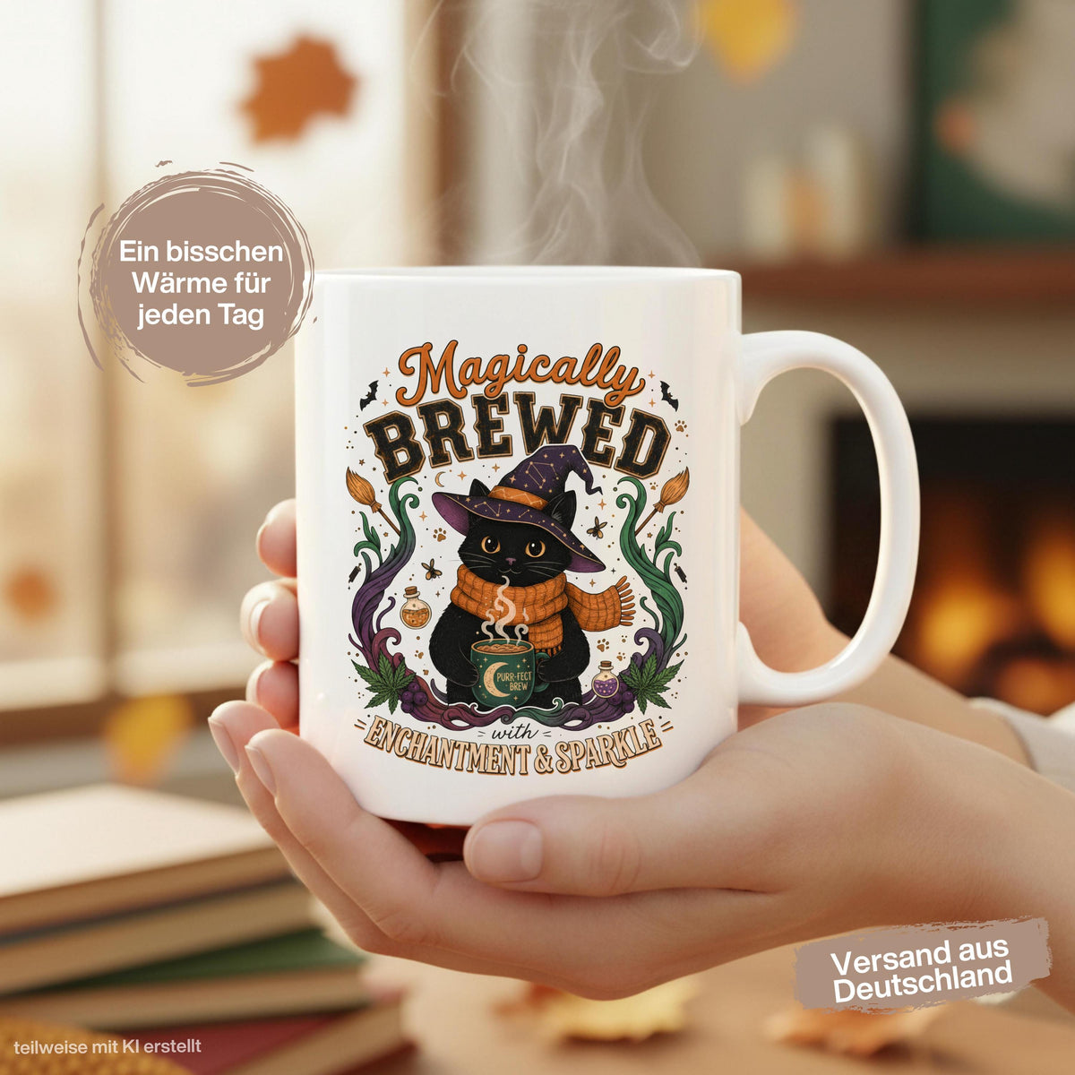Halloween Tasse „Magically Brewed“ mit schwarzer Katze als Geschenk für Katzenliebhaber, Katzenfans und Hexenfans. Weiße Keramiktasse 330 ml beidseitig bedruckt mit niedlicher Hexenkatze, Hexenhut, orangefarbenem Schal, Zaubertränken, Fledermäusen und magischen Details. Witchy Tasse und Herbst Tasse für Spooky Season, Halloween und gemütliche Kaffeepausen, schöne Geschenkidee für beste Freundin, Schwester, Mama und Fans schwarzer Katzen. Geschenke für Katzenliebhaber Tasse Herbst Geschenk