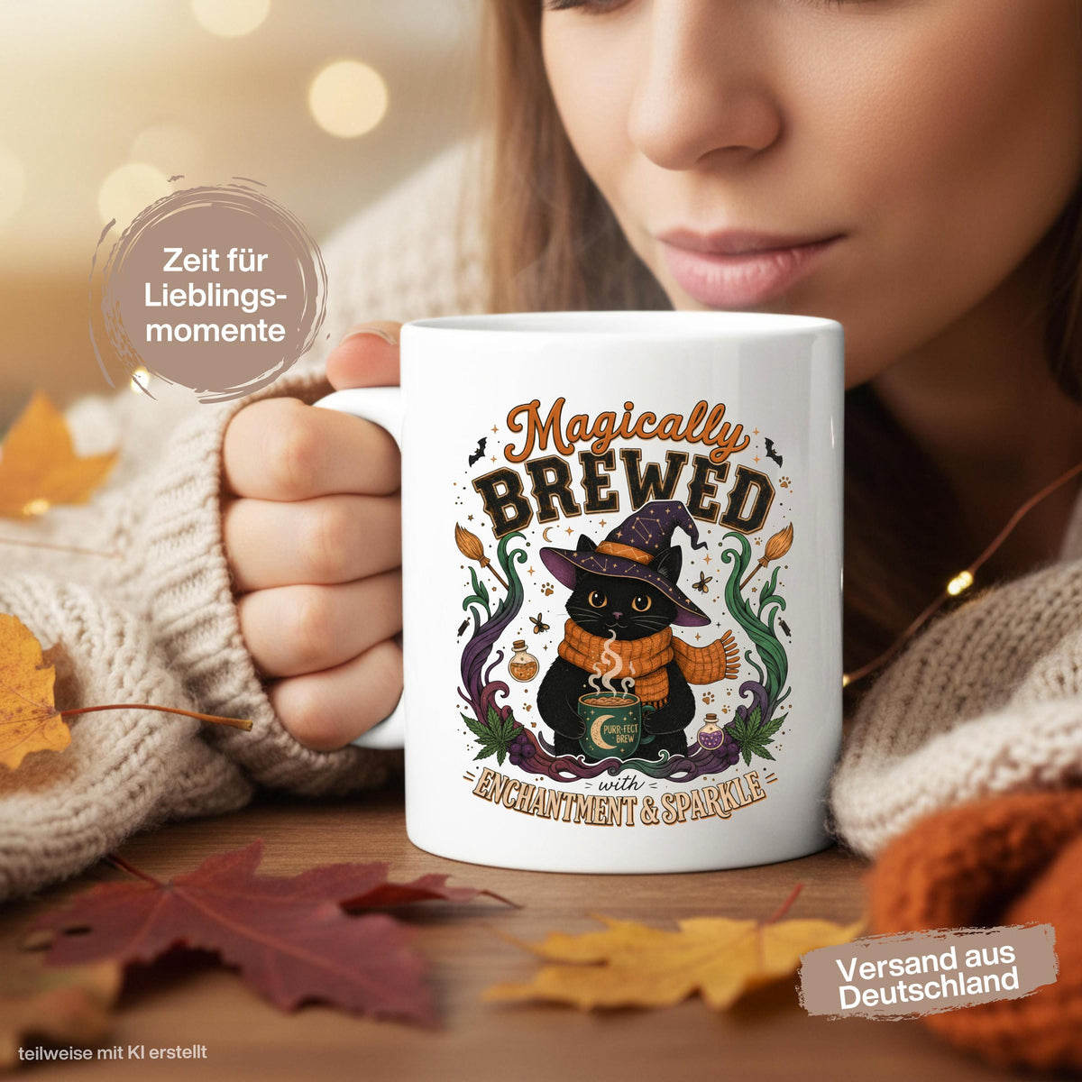 Halloween Tasse „Magically Brewed“ mit schwarzer Katze als Geschenk für Katzenliebhaber, Katzenfans und Hexenfans. Weiße Keramiktasse 330 ml beidseitig bedruckt mit niedlicher Hexenkatze, Hexenhut, orangefarbenem Schal, Zaubertränken, Fledermäusen und magischen Details. Witchy Tasse und Herbst Tasse für Spooky Season, Halloween und gemütliche Kaffeepausen, schöne Geschenkidee für beste Freundin, Schwester, Mama und Fans schwarzer Katzen. Geschenke für Katzenliebhaber Tasse Herbst Geschenk