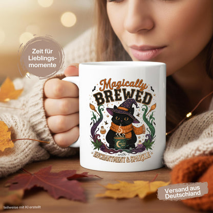 Halloween Tasse „Magically Brewed“ mit schwarzer Katze als Geschenk für Katzenliebhaber, Katzenfans und Hexenfans. Weiße Keramiktasse 330 ml beidseitig bedruckt mit niedlicher Hexenkatze, Hexenhut, orangefarbenem Schal, Zaubertränken, Fledermäusen und magischen Details. Witchy Tasse und Herbst Tasse für Spooky Season, Halloween und gemütliche Kaffeepausen, schöne Geschenkidee für beste Freundin, Schwester, Mama und Fans schwarzer Katzen. Geschenke für Katzenliebhaber Tasse Herbst Geschenk