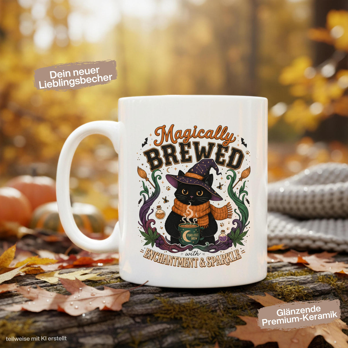Halloween Tasse „Magically Brewed“ mit schwarzer Katze als Geschenk für Katzenliebhaber, Katzenfans und Hexenfans. Weiße Keramiktasse 330 ml beidseitig bedruckt mit niedlicher Hexenkatze, Hexenhut, orangefarbenem Schal, Zaubertränken, Fledermäusen und magischen Details. Witchy Tasse und Herbst Tasse für Spooky Season, Halloween und gemütliche Kaffeepausen, schöne Geschenkidee für beste Freundin, Schwester, Mama und Fans schwarzer Katzen. Geschenke für Katzenliebhaber Tasse Herbst Geschenk