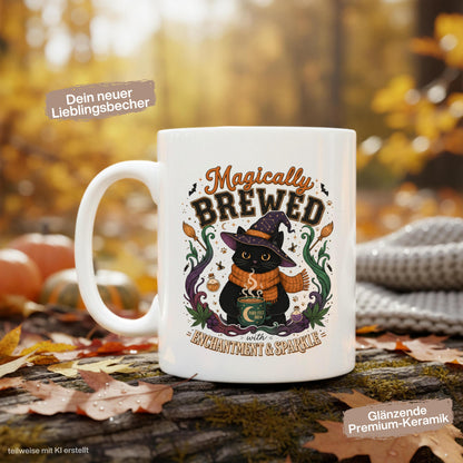 Halloween Tasse „Magically Brewed“ mit schwarzer Katze als Geschenk für Katzenliebhaber, Katzenfans und Hexenfans. Weiße Keramiktasse 330 ml beidseitig bedruckt mit niedlicher Hexenkatze, Hexenhut, orangefarbenem Schal, Zaubertränken, Fledermäusen und magischen Details. Witchy Tasse und Herbst Tasse für Spooky Season, Halloween und gemütliche Kaffeepausen, schöne Geschenkidee für beste Freundin, Schwester, Mama und Fans schwarzer Katzen. Geschenke für Katzenliebhaber Tasse Herbst Geschenk