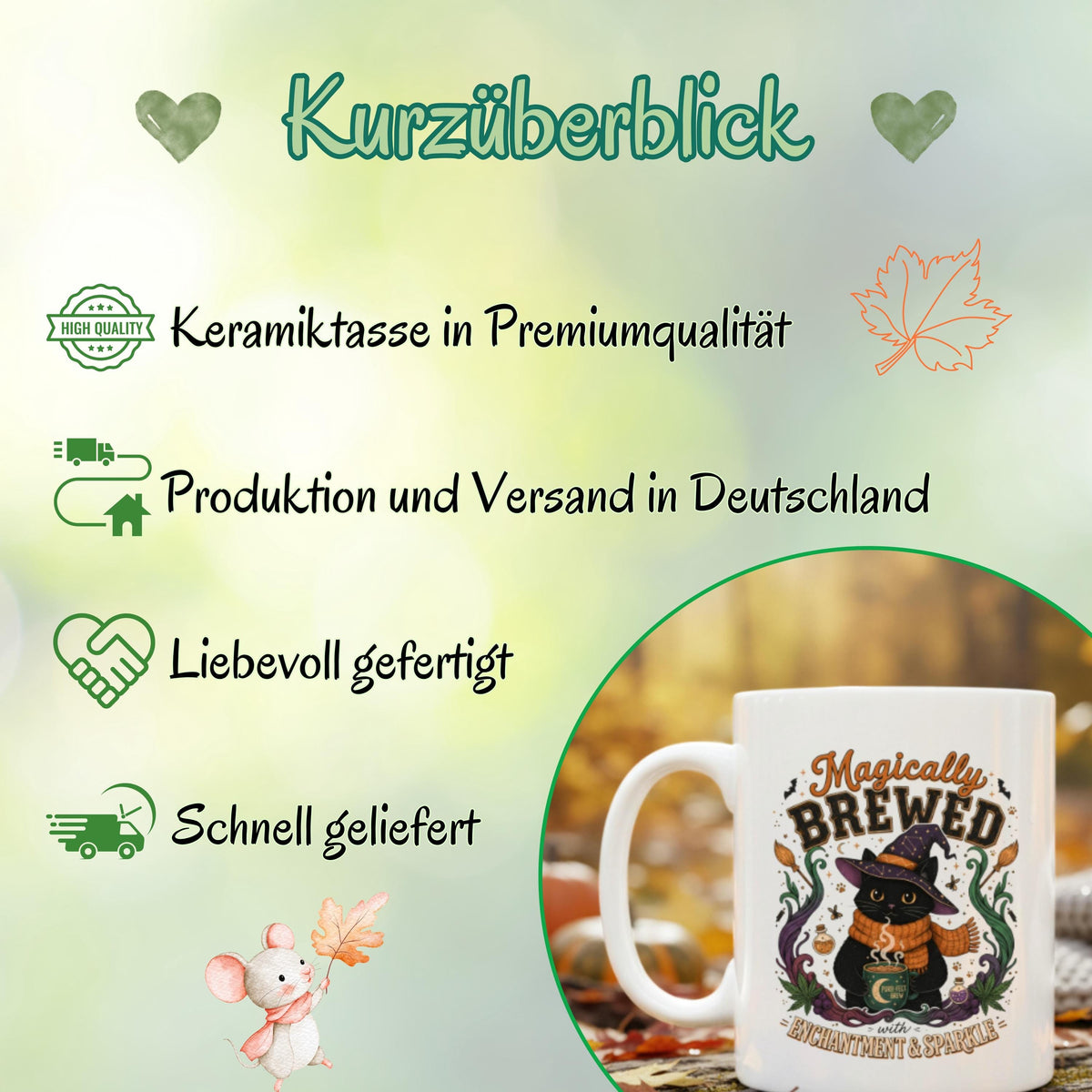 Halloween Tasse „Magically Brewed“ mit schwarzer Katze als Geschenk für Katzenliebhaber, Katzenfans und Hexenfans. Weiße Keramiktasse 330 ml beidseitig bedruckt mit niedlicher Hexenkatze, Hexenhut, orangefarbenem Schal, Zaubertränken, Fledermäusen und magischen Details. Witchy Tasse und Herbst Tasse für Spooky Season, Halloween und gemütliche Kaffeepausen, schöne Geschenkidee für beste Freundin, Schwester, Mama und Fans schwarzer Katzen. Geschenke für Katzenliebhaber Tasse Herbst Geschenk