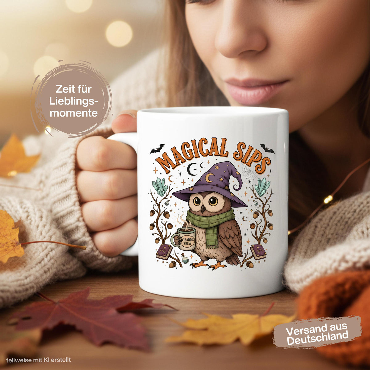 Herbst Tasse „Magical Sips“ mit niedlicher Eule und kleiner „Wizard’s Brew“ Tasse. Weiße Keramiktasse 330 ml mit magischem Herbstmotiv aus Eule, Kristallen, Monden, Sternen, Büchern, Eicheln und Fledermäusen. Eulen Tasse als Geschenk für Eulenliebhaber, Eulenfans und Liebhaber von Witchy Motiven. Zauberhafte Hexen Tasse für Herbstzeit, Cozy Season und Halloween, ideal für Kaffee, Tee oder Kakao und als Herbst Geschenk für Freundin, Schwester, Mama, Fantasyfans und Liebhaber mystischer Designs.