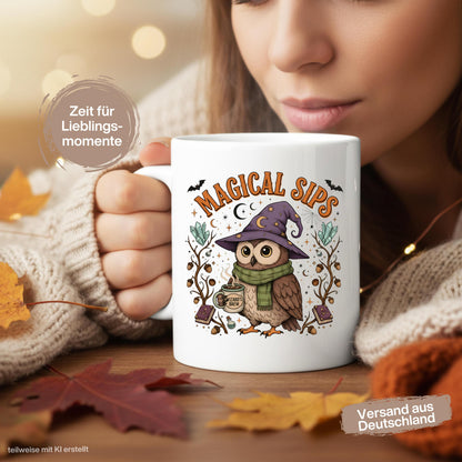 Herbst Tasse „Magical Sips“ mit niedlicher Eule und kleiner „Wizard’s Brew“ Tasse. Weiße Keramiktasse 330 ml mit magischem Herbstmotiv aus Eule, Kristallen, Monden, Sternen, Büchern, Eicheln und Fledermäusen. Eulen Tasse als Geschenk für Eulenliebhaber, Eulenfans und Liebhaber von Witchy Motiven. Zauberhafte Hexen Tasse für Herbstzeit, Cozy Season und Halloween, ideal für Kaffee, Tee oder Kakao und als Herbst Geschenk für Freundin, Schwester, Mama, Fantasyfans und Liebhaber mystischer Designs.