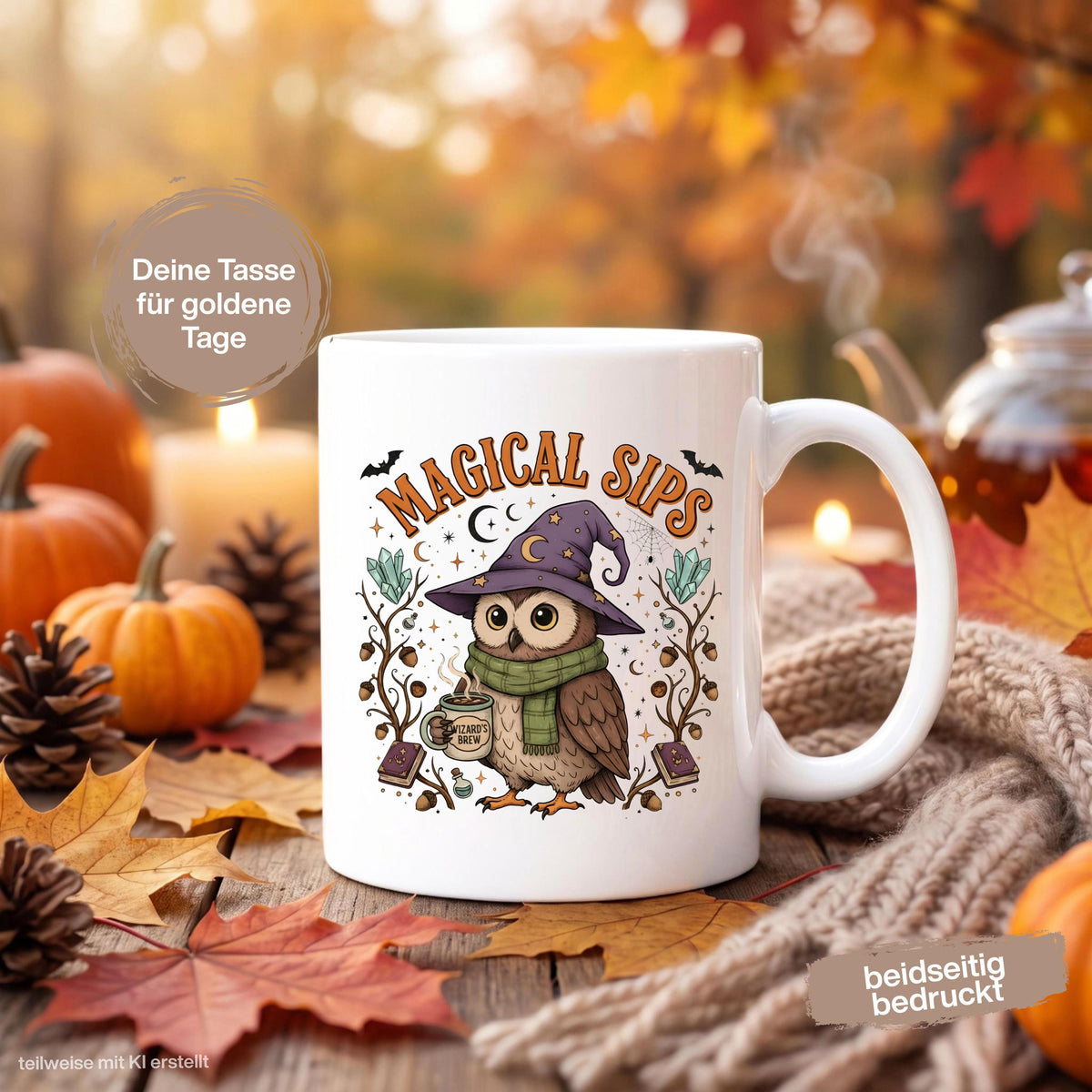 Herbst Tasse „Magical Sips“ mit niedlicher Eule und kleiner „Wizard’s Brew“ Tasse. Weiße Keramiktasse 330 ml mit magischem Herbstmotiv aus Eule, Kristallen, Monden, Sternen, Büchern, Eicheln und Fledermäusen. Eulen Tasse als Geschenk für Eulenliebhaber, Eulenfans und Liebhaber von Witchy Motiven. Zauberhafte Hexen Tasse für Herbstzeit, Cozy Season und Halloween, ideal für Kaffee, Tee oder Kakao und als Herbst Geschenk für Freundin, Schwester, Mama, Fantasyfans und Liebhaber mystischer Designs.