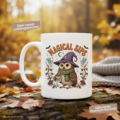 Herbst Tasse „Magical Sips“ mit niedlicher Eule und kleiner „Wizard’s Brew“ Tasse. Weiße Keramiktasse 330 ml mit magischem Herbstmotiv aus Eule, Kristallen, Monden, Sternen, Büchern, Eicheln und Fledermäusen. Eulen Tasse als Geschenk für Eulenliebhaber, Eulenfans und Liebhaber von Witchy Motiven. Zauberhafte Hexen Tasse für Herbstzeit, Cozy Season und Halloween, ideal für Kaffee, Tee oder Kakao und als Herbst Geschenk für Freundin, Schwester, Mama, Fantasyfans und Liebhaber mystischer Designs.